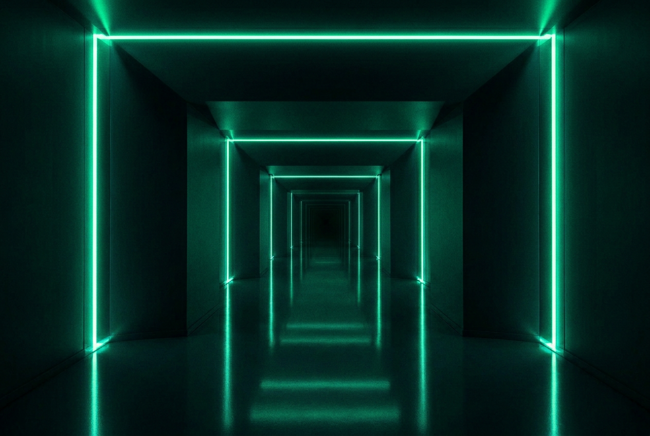 An endless navy corridor lit by neon teal light strips